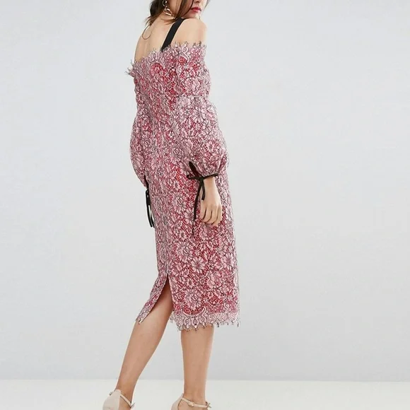 ASOS extreme sleeve Bardot pencil lace midi dress with contrast trims - Picture 4 of 9